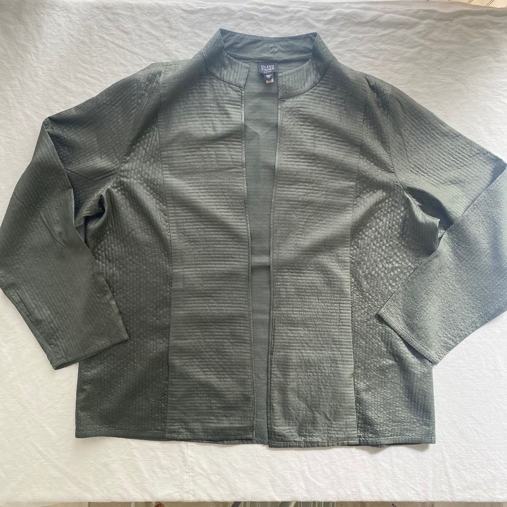 Eileen Fisher Open Front Quilted Silk Tussah Jacket Women's Sz 1X/XL Grey Green